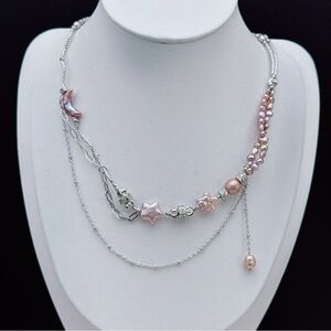 X802 Handmade Freshwater Moon&Star Baroque Pearl Dainty Necklace